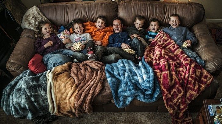 Perhe katsoo elokuvaa sohvalla peittojen ja popcornkulhojen keskellä